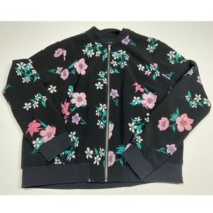 Lane Bryant Bomber Jacket Women's 14/16 Black Pink Floral Zip‎ Front Light EUC